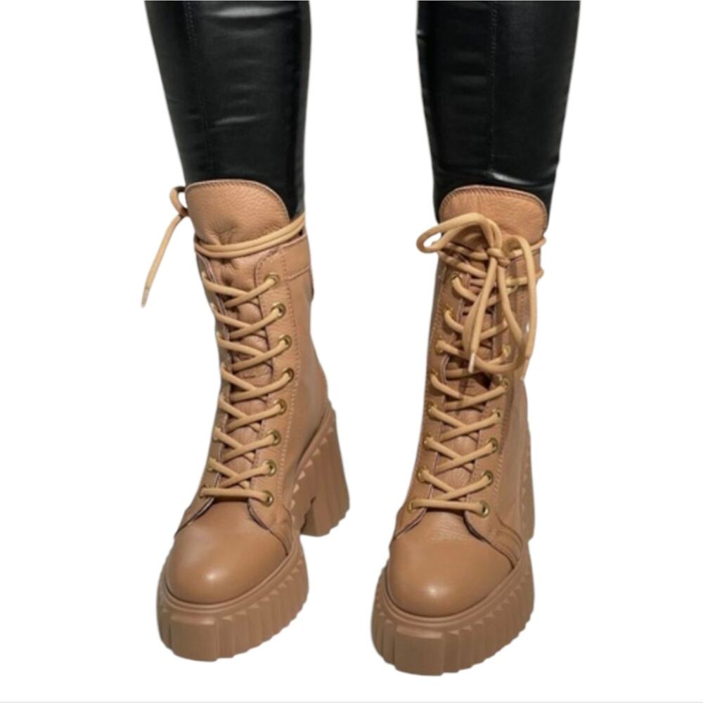 AGL Tania Lace Up Platform Boots Size 39.5 /9.5 US Mid Calf Leather NEW